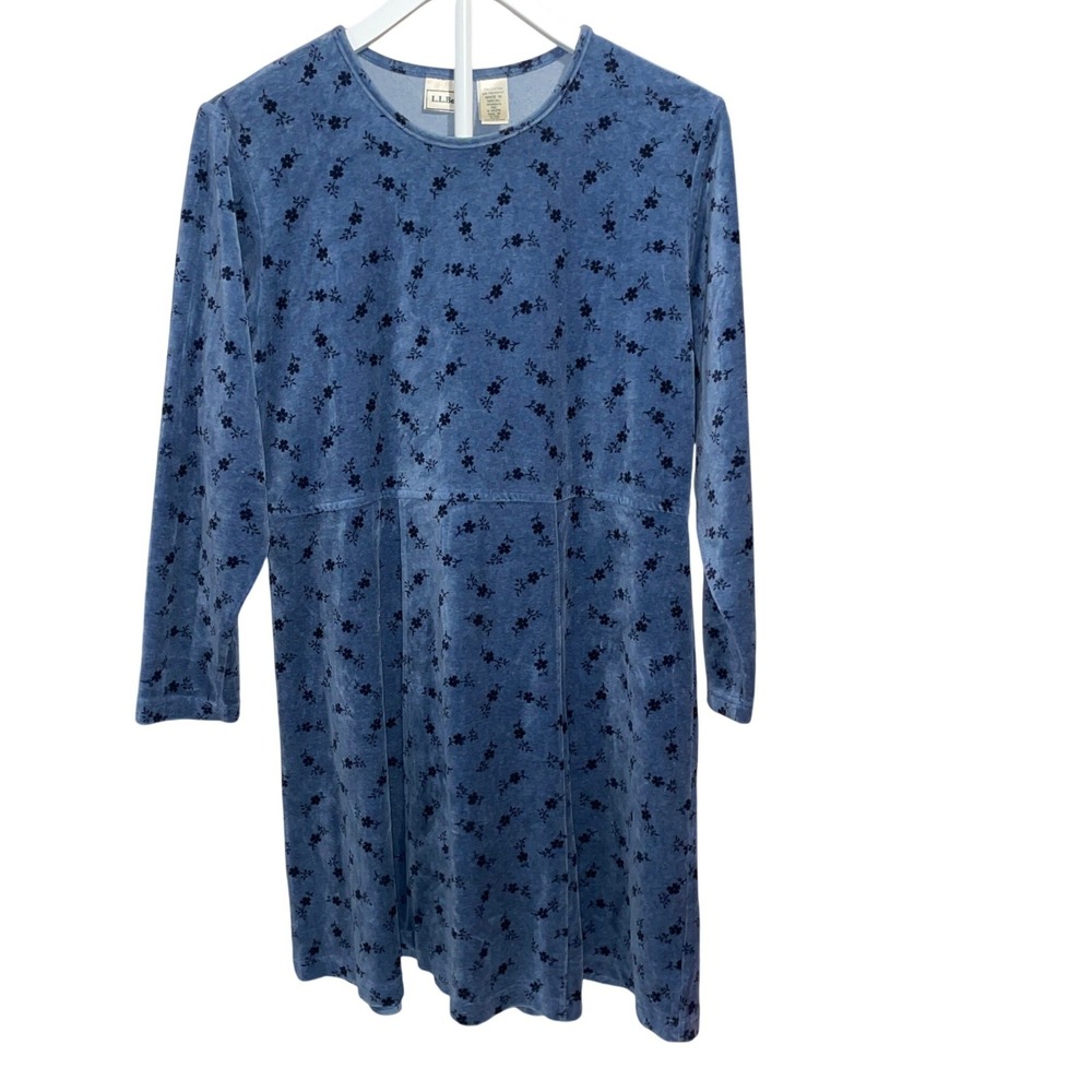LL Bean Blue Velvet Mini Dress Long Sleeve Fit Flare Cottagecore Fairycore Dress